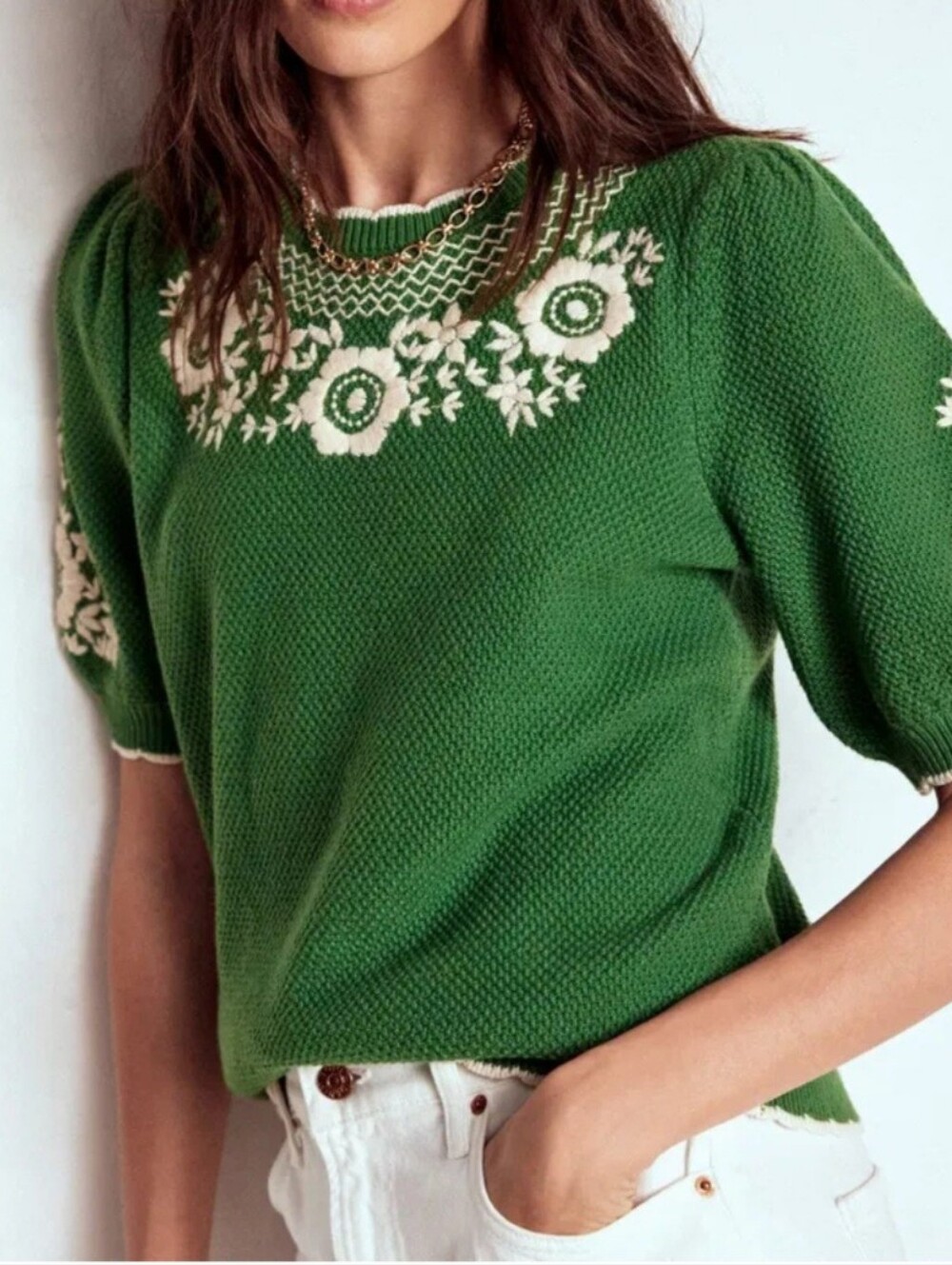 Boden Embroidered Puff Short Sleeve Sweater Paradise Green XS